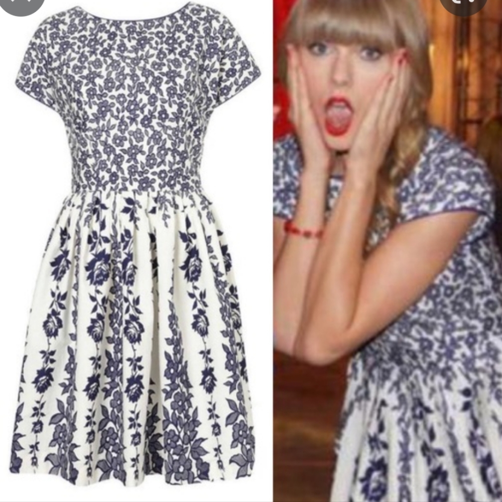 Topshop Blue White Floral Print Midi Dress
